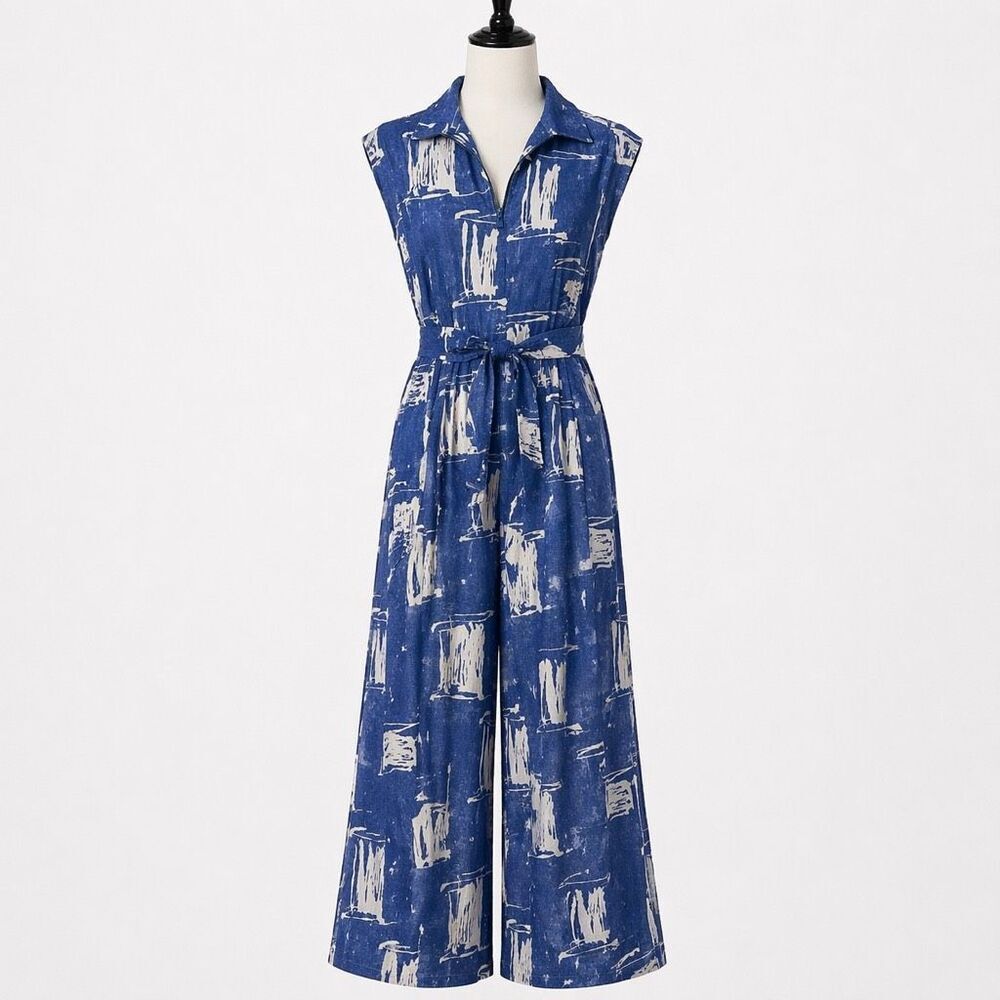 Vintage 1970s Blue Jumpsuit | Retro Wide Leg Tie Waist | Boho Mod | Size M - Picture 1 of 8